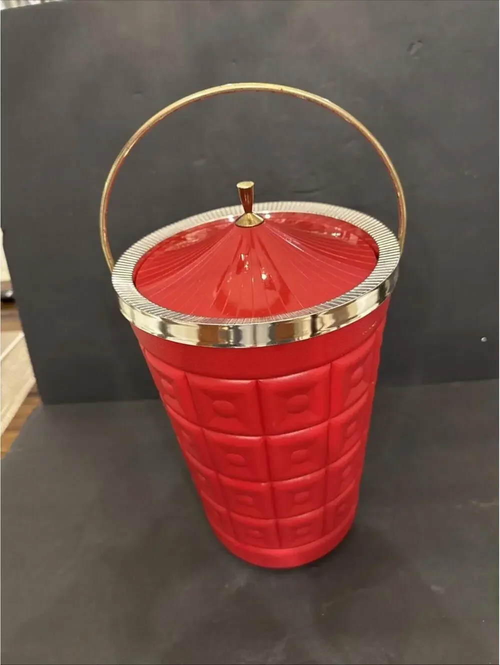 Vintage 1960’s Red Lustro Ware Plastic Ice Bucket With Gold-tone Accents. 14” H